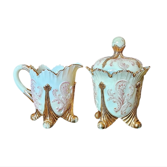 Northwood Other - Northwood Inverted Fan Sugar Creamer Spooner Uranium Custard Glass Antique EAPG